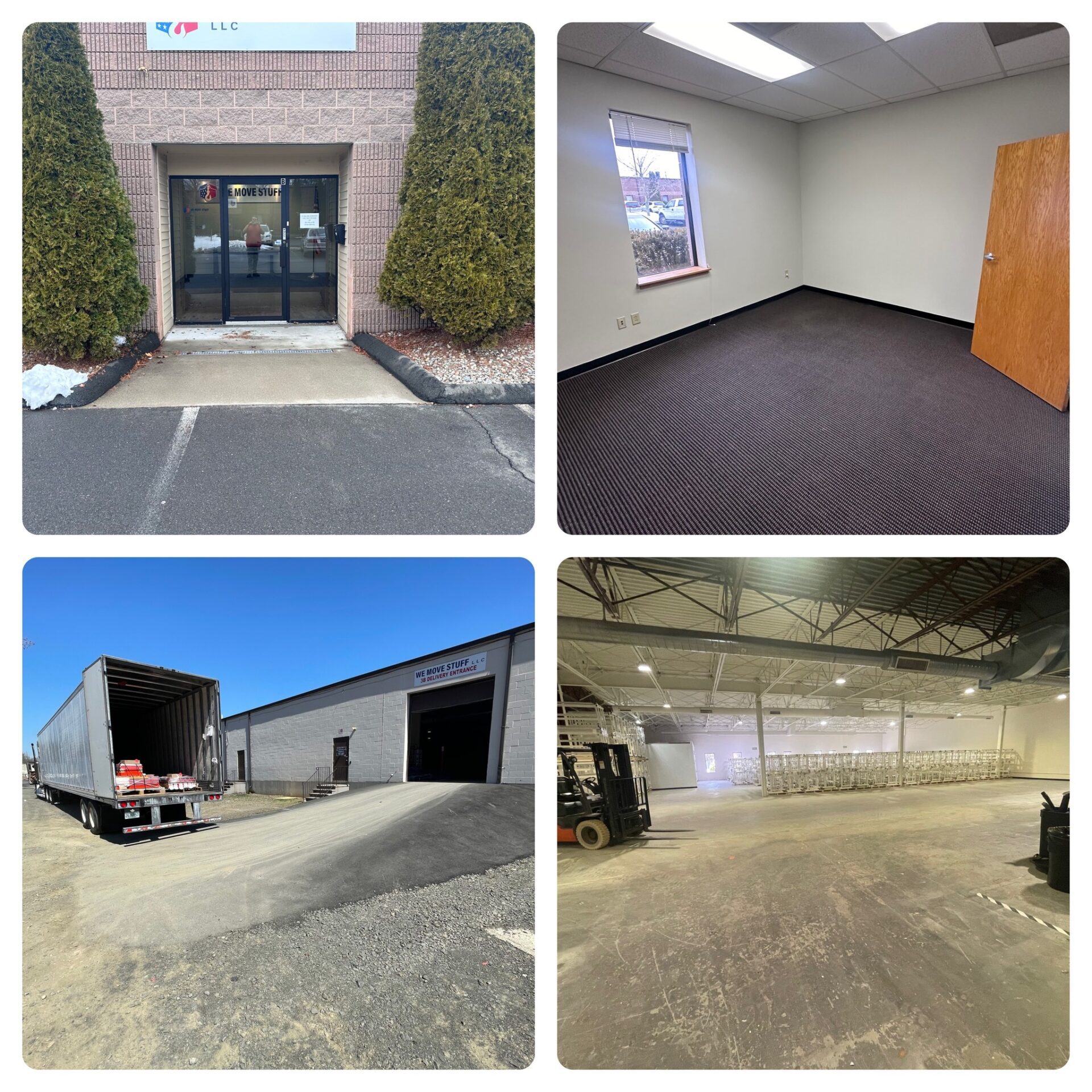 4 pictures showing business entrance storage space and entry ways.