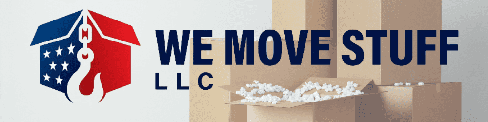 Logo for We Move Stuff with moving boxes and popcorn packing material.