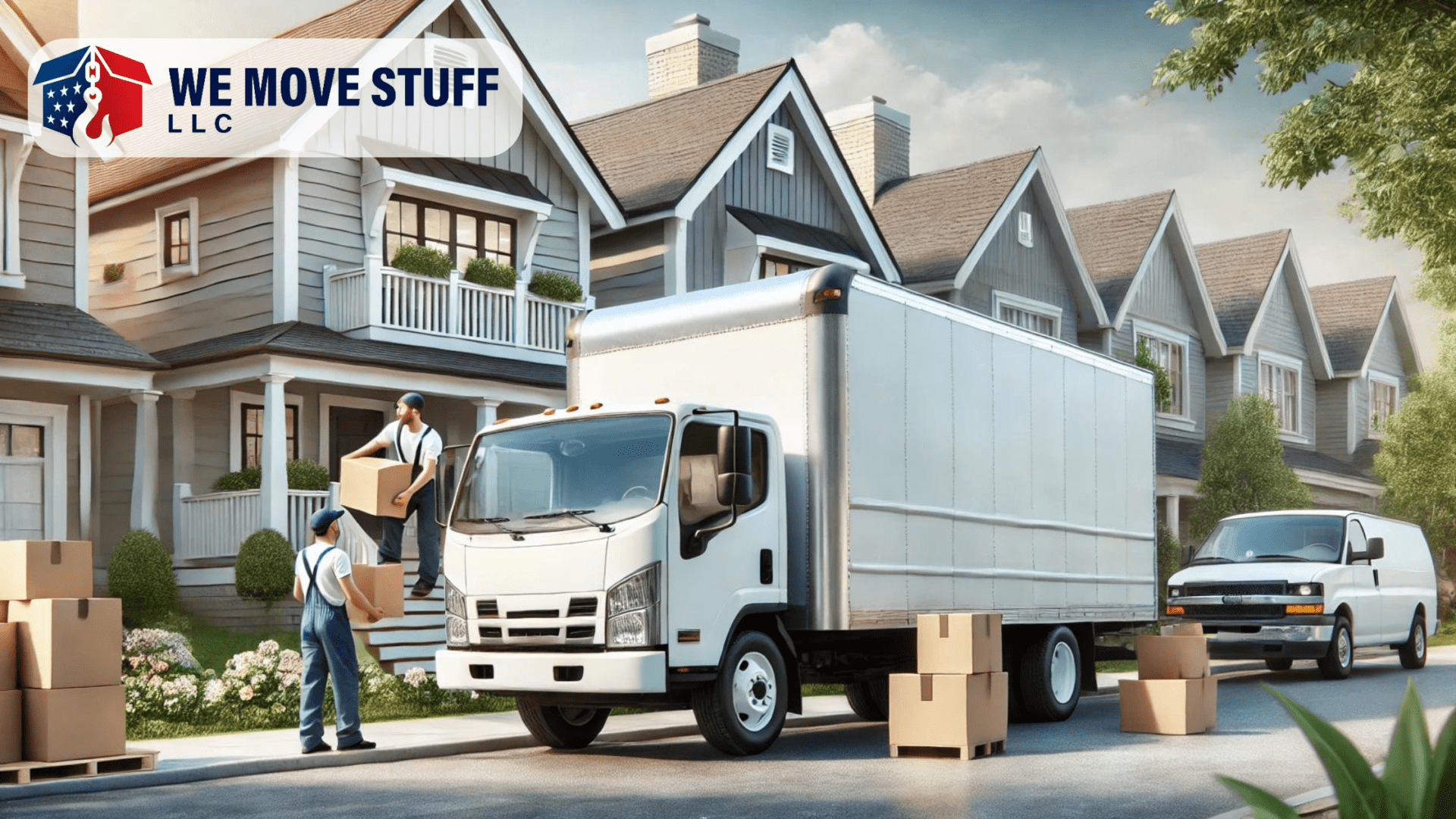 Two movers unloading furniture from an unbranded modern moving truck parked in a quiet suburban neighborhood street, emphasizing efficiency and community-oriented moving services